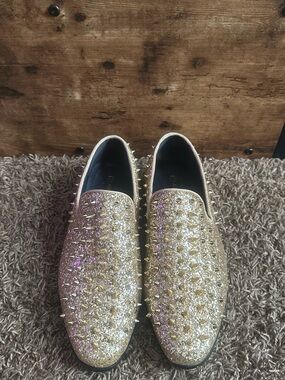 Alberto Fermani Gold Glitter Spike-Embellished Men’s Slip-On Loafers
